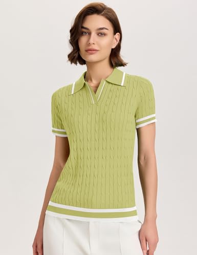 Image of Micoson Womens Short Sleeve Sweater Tops Lapel V Neck Polo Shirts 2026 Summer Cable Knit Loose Blouse Business Casual Outfits