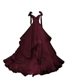 Tulle Prom Dress Long Ball Gown Layered A Line V Neck Spaghetti Straps Quinceanera Formal Evening Gowns with Bow Burgundy US0