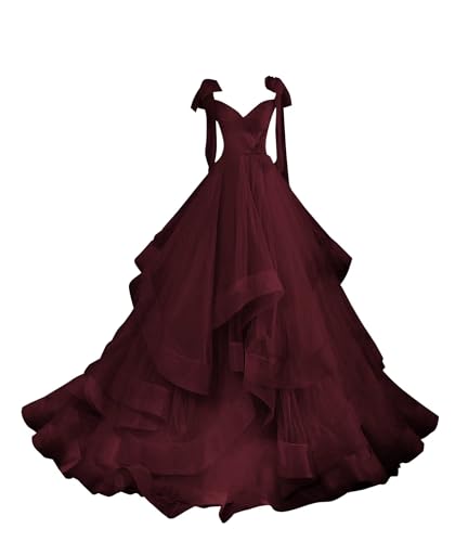 Ball Gown Prom Dress Tiered Tulle Long A Line V Neck Spaghetti Straps Quinceanera Formal Evening Gowns for Women Teens with Bow Burgundy US2