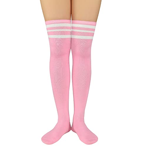 Zando Women Casual Thigh High Socks Over The Knee Socks Striped Knee High Socks Cosplay Socks Leg Warmers Fashion Long Tube Socks Thigh High Stockings For Women 1 Pair Pink White One Size #TOP2