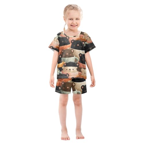 Pajama Short Sets Cute Bears in Cups Soft Cotton Summer Sleepwear 2 Piece PJS Size 5-14T4