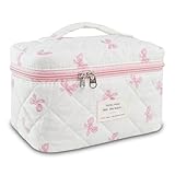 AMZMA Bow Makeup Bag Organizer, Travel Makeup Bags for Women, Quilted Cosmetic Bag for Women, Large Travel Toiletry Bag, Cute Makeup Bags for Teen Girls, Cute Toiletry Bag Organizer