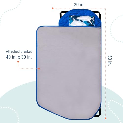 Image of Wildkin Modern Kids Nap Mat with Pillow for Boys - Soft & Cozy Cotton Blend, Elastic Straps, Toddler Sleep Mat for Daycare, Preschool, Kindergarten & Travel, Ages 3-7, Machine Washable - Sharks