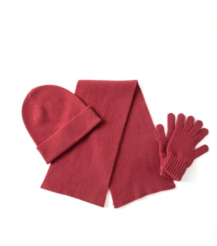 Unisex 3Pcs Cashmere Wool Scarf Hat Gloves Set, Soft Ribbed Cuffed Beanie Glove Scarves Set for Men and Women with Gift Box (Red)