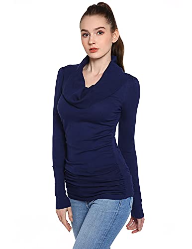 AmélieBoutik Women Casual Slim Fit Cowl Neck Long Sleeve Ruched Sides Pullover Tunic Sweater