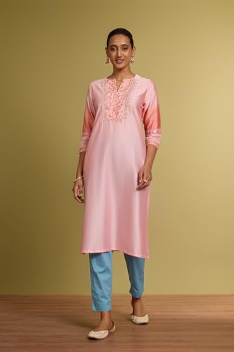 Image of Taneira Women Light Pink Pure Silk Cotton Embroidered Kurta (KUAK19LPXL-Light Pink-XL)