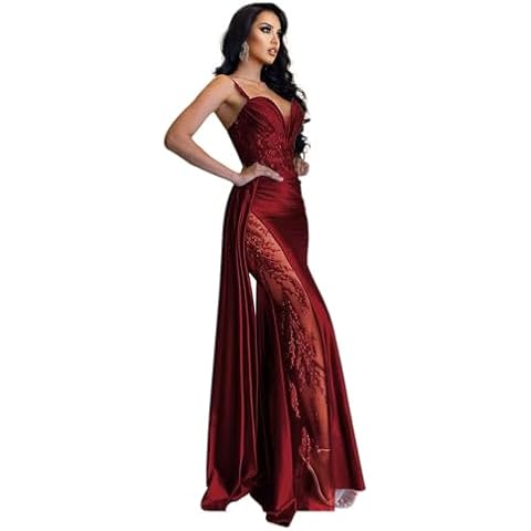 Women's Mermaid Prom Dresses Long Burgundy Satin Spaghetti Strap Satin Prom Cocktail Dresses with Slit,R207 Cover