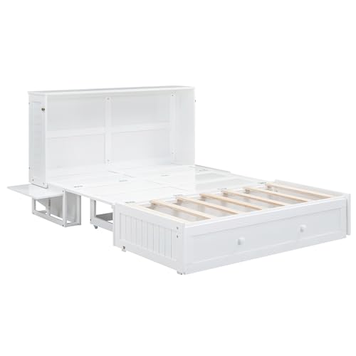 WEALTHOUSE Cama plegable transformable con cajón y estante, armario de madera de pino y tablero DM que ahorra espacio, con estantes integrados, plegable para almacenamiento adicional (blanco, 140 x