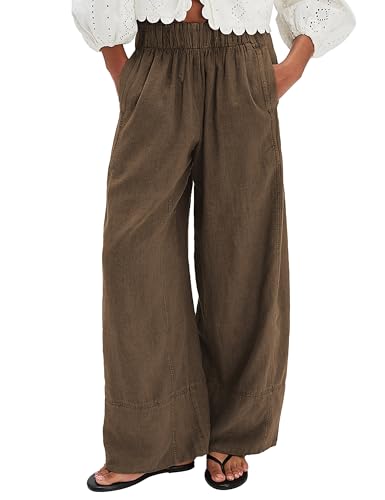 Women's Linen Palazzo Pants High Waist Wide Leg Beach Trousers with Pockets 2025 Summer Boho Vacation Outfits(Camel-XL)