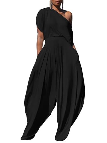 Womens Casual 2 Piece Outfit Loose Off Shoulder Crop Tops Harem Pants Jumpsuit Tracksuits Set2