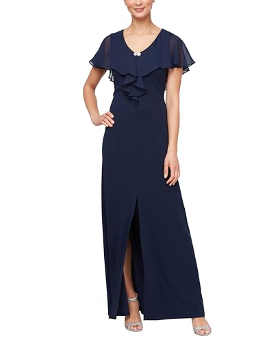 Image of S.L. Fashions Women's Long Fit & Flare Dress with Illusion Overlay Bodice and Front Slit (Petite and Regular Sizes)