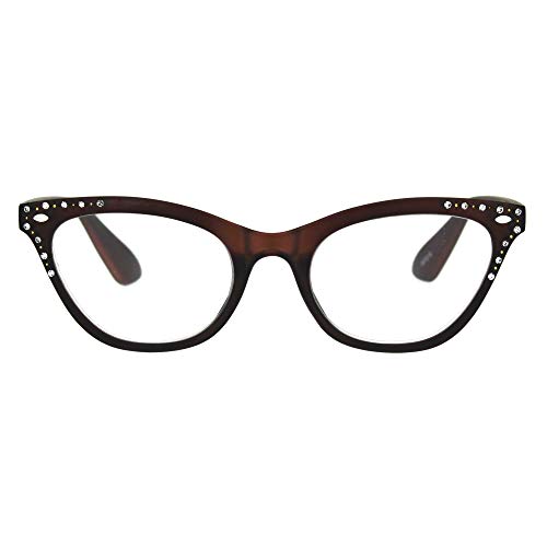 SA106 Womens Bling Rhinestone Plastic Cat Eye Horn Rim Powered Reading Glasses Brown 2.5