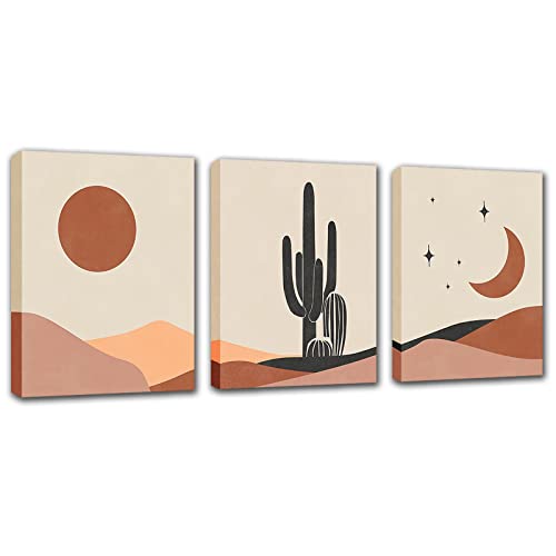 Boho Wall Art Desert Prints - Bohemian Pictures Sun Moon Stars Paintings Framed Abstract 3 Pieces Cactus Landscape Artwork 12X16 Inches Canvas Earthy Decoration For Living Room Bedroom Bathroom Decor #TOP4