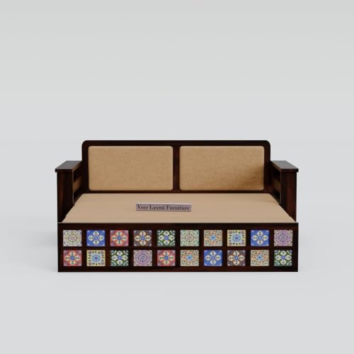 Image of Wooden Sofa Cum Bed for Living Room | Convertible Sofa Bed with Storage | 3 Seater Foldable Sleeper Sofa | Solid Wood Pull Out Sofa Bed with Mattress for Home & Guest Room (Walnut, Anna)