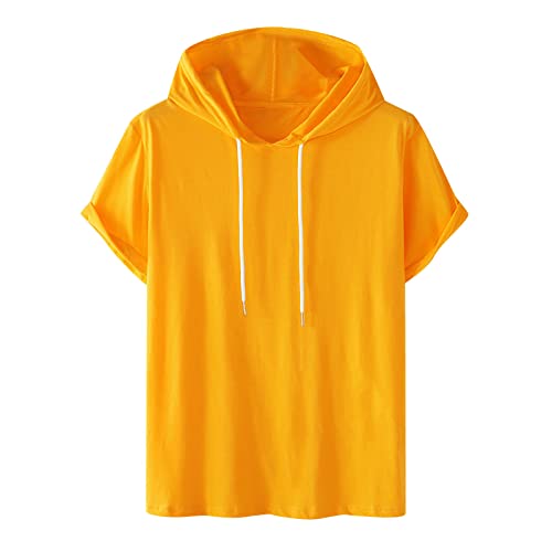 Men Solid Color Athletic Hoodie Sweatshirts Stretch Short Sleeve Athletic Workout Tops Drawstring Hooded Pullover