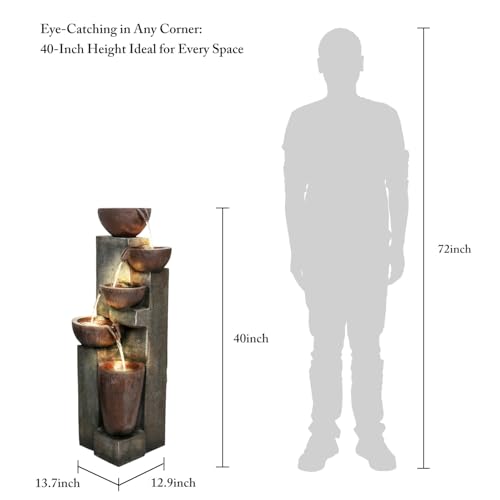 Image of SunJet 5-Tier Cascading Indoor /Outdoor Water Fountain with LED Lights - 39.7 inch High Large Waterfall Floor Standing Fountain for Garden, Patio, Yard, and Deck Decor - Relaxing Outdoor Water Feature