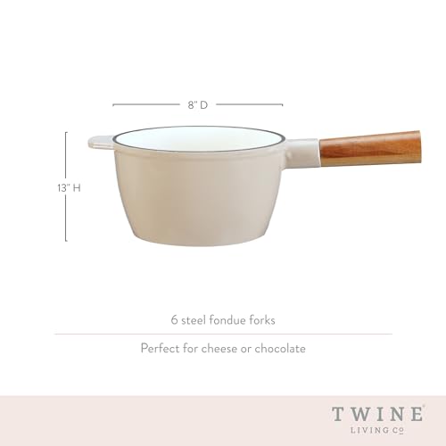 Twine Farmhouse Kitchen Enamel Cast Iron Set Cheese Melting Fondue Pot Metal Stainless Steel Forks and Wood Stand, Beige Set of 1, 2 Qt - Thumbnail 3