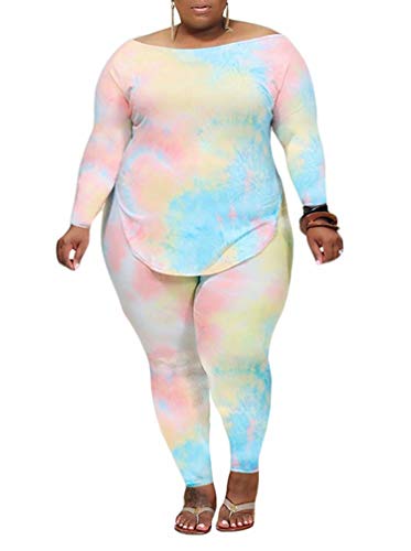 Two Piece Outfits for Women Plus Size Tie Dye Printed Tops + Bodycon Long Pants Lounge Sets Tracksuits Sportswear 2X