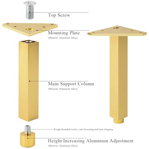 Patas de mesa para cafe de aluminio dorado, soportes regulables cuadrados de 4 piezas 5