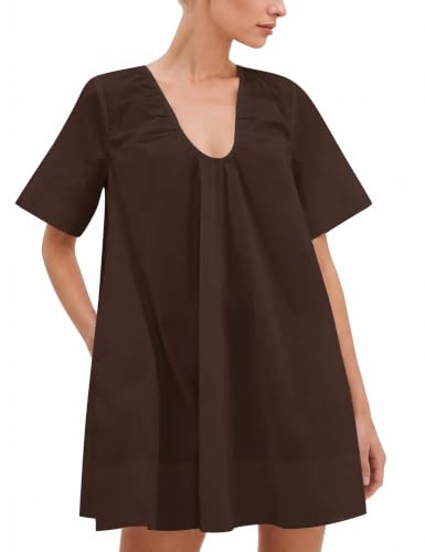 Image of OLAPTA Women Summer Sleeveless Babydoll Mini Tank Dresses Loose Fit Scoop Neck Ruched Short Dress with Pockets Party Clubwear