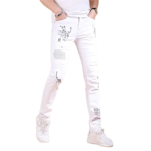 Men's Korean Clothing Slim Jeans with Printed Ripped Holes Hip Hop Distressed Cotton Trousers