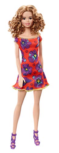 Muñeca Barbie con vestido floral rojo y púrpura miniatura 7