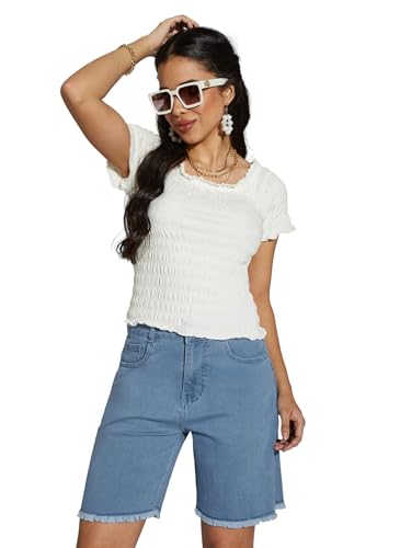 Image of Miss Chase Women's Relaxed Fit Mid Rise Highly Distressed Regular-Length Denim Shorts