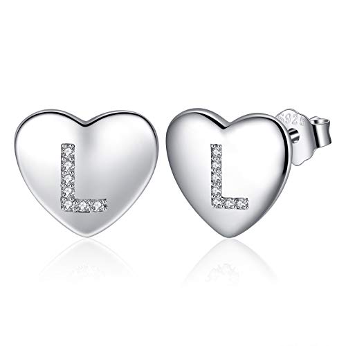 Pendientes de Corazón de Plata de Ley 925 Hipoalergénicos con Iniciales para Niña y Mujer