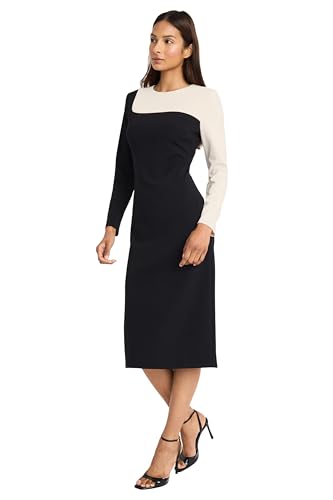 Donna Morgan Women's Asymmetrical Colorblock Midi-Long Sleeve Form-Fitting Silhouette-Versatile Occasion Dress2