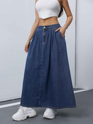 ebossy Women's Casual Pleated Back-Elastic Waist A-line Flowy Draped Maxi Denim Skirts with Pockets2