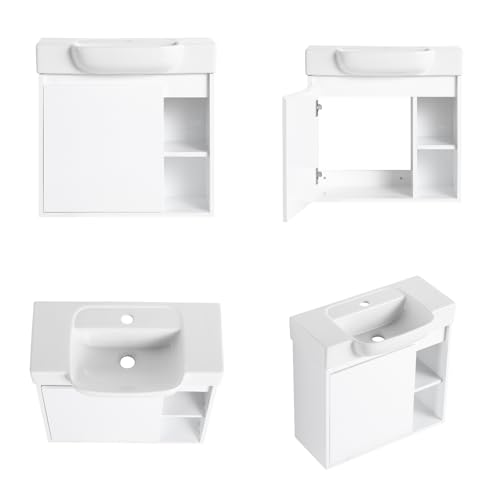 Image of 24 inch Bathroom Vanity with Ceramic Sink, Modern Wall-Mounted Bathroom Vanity with Soft-Close Door & 2 Open Storage Shelves, Farmhouse, Undermount Storage Cabinet, Easy to Clean, Glossy White