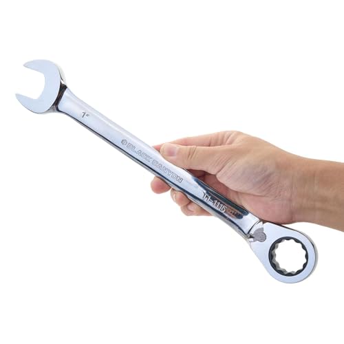 Image of BLACK CANYON 1 Inch Ratchet Combination Wrench, 12-Point Box End & Hex Opening, Polished Steel Ratcheting Wrench with SAE & Metric Sizes