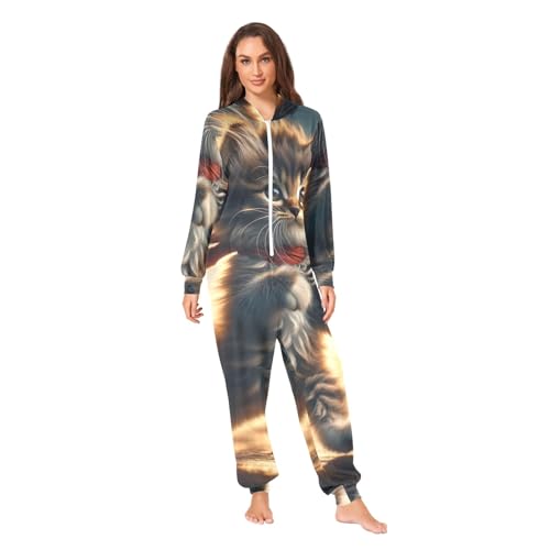 Pijama entero de gato para adulto mono con capucha y cremallera para hombre y mujer