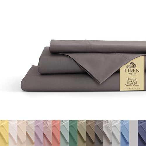 Image of Linen Home 100% Cotton Percale Sheets King Size, Charcoal, Deep Pocket, 4 Pieces Set - 1 Flat, 1 Deep Pocket Fitted Sheet and 2 Pillowcases, Crisp Cool and Strong Bed Linen