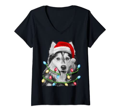 Mujer Siberian Husky Santa Christmas Tree Lights Xmas Boys Dog Camiseta Cuello V