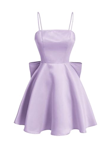 Image of WDIRARA Women's Satin Bow Homecoming Dresses Spaghetti Strap Wedding Guest Gown Summer Mini Dress