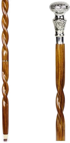 Canne en bois artisanale sculptée avec pommeau laiton et fût torsadé