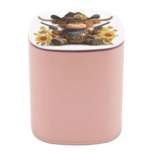 Jubonexis Adorable vaca de las tierras altas con sombrero de vaquero para mujer, organizador de aretes, organizador giratorio de joyas para collares, pulseras, anillos