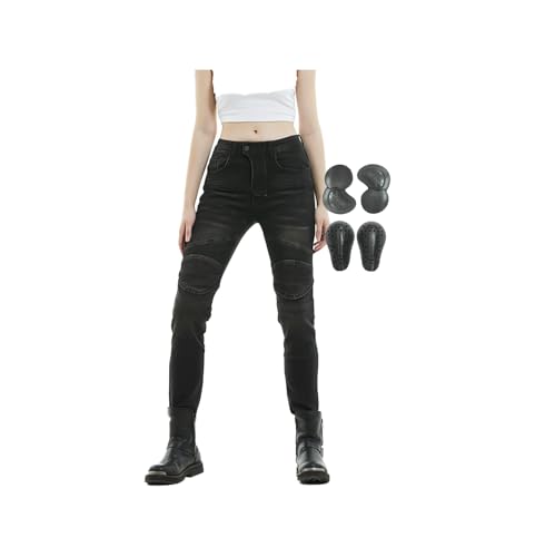 Stretch Fit Motorcycle Riding Jeans For Women All Seasons Protective Biker Jeans With Removable Knee Hip Armor(Preto,Large)