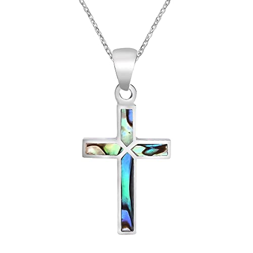 AeraVida Iridescent Cross of Faith Abalone Shell .925 Sterling Silver Necklace, 18 inch