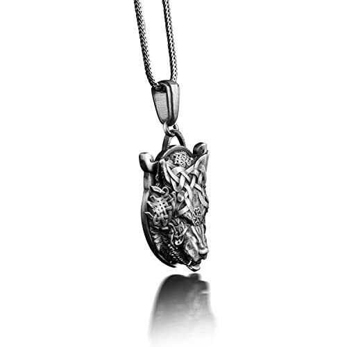 Fenrir With Viking Knot Mask Necklace In Silver, Norse Mythology Wolf Necklace For Dad, Scandinavian Necklace For Husband, Nordic Necklace #TOP1