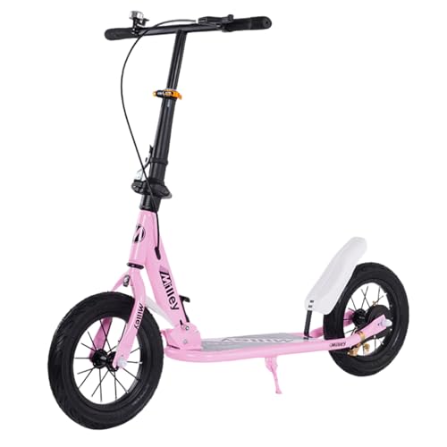 HJJキックボード キックスクーター 折りたたみ式 ディスクハンドブレーキとエクストラワイドホイールを備えたスタンド付き 大人子供用 通勤/レジャー/交通機関 (ピンク,高めのハンドル)