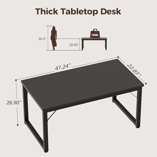 Image of Mericonia 48 Inch Computer Desk, 1 inch Thick Small Office Table, Black | Modern Simple Style, Heavy Duty Industrial Frame, Small Study & Writing Table for Home Bedroom Work