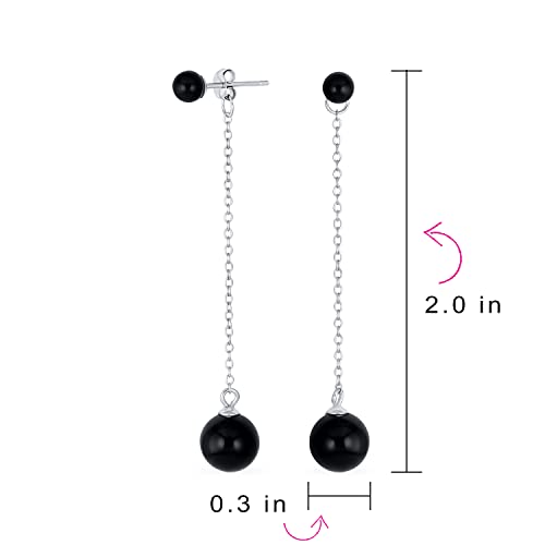 Simple Gemstone Dangle Double Round Genuine Black Onyx or Green Jade Long Linear Dangle Chain 2 Ball Earrings For Women .925 Sterling Silver 8MM4