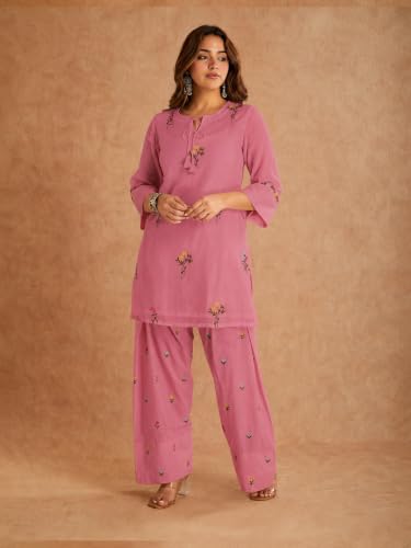 Image of ANNI Designer Farshi Salwar Suit for Women Viscose Embroidered | Co Ord Set for Woman | Straight Kurta Palazzo Outfit Round Neck V Slit 3 /4 Sleeve Ethnic Dress Womens Clothing