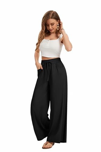 Image of KICZOY Women Flowy Pants Drawstring Waist Wide Leg Palazzo Beach Pants Loose Fit with Pockets