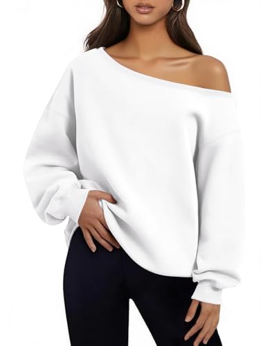 BONITEE Women Long Sleeve Off The Shoulder Sweatshirts Hoodies Tops White M