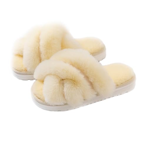 Fuzzy House Slippers for Women Memory Foam Cross-strap Slip On Open Toe Furry Fur Bedroom Indoor Oudoor Slides Slipper Shoes