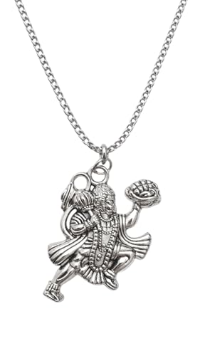 Image of Unisex Stainless Steel Silver Hanuman Ji Pendant Necklace - Lord Mahabali, Meditation Pose, Gada Design, Bajrang Bali, Veer Hanuman & Devotional Face Locket with 24 Inch Chain for Men & Women