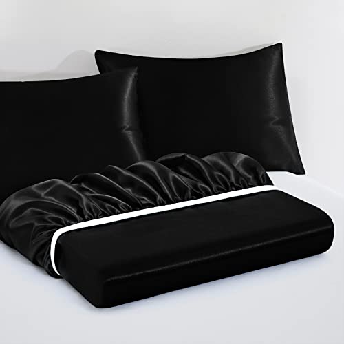 VACVELT 3pcs Extra Deep Pocket Satin Fitted Sheet Set Queen Bed Set, Black Bottom Sheet Fit 18-24 Inch Deep Pocket Mattress, Silky Bedding Set Soft & Ultra Deep Fitted Sheet & 2 Pillowcase - Image 4